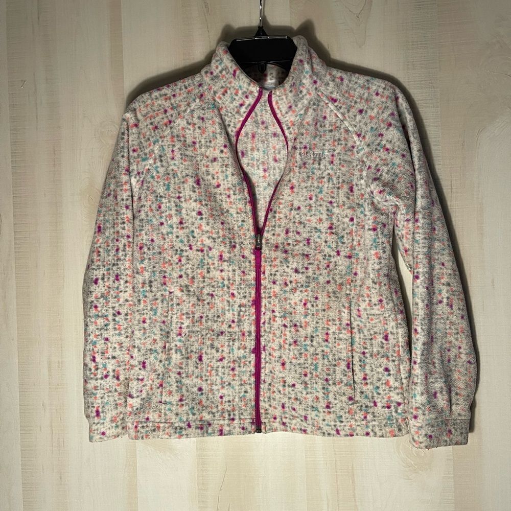 Columbia girls fleece jacket white with multi color flecks, size large‎